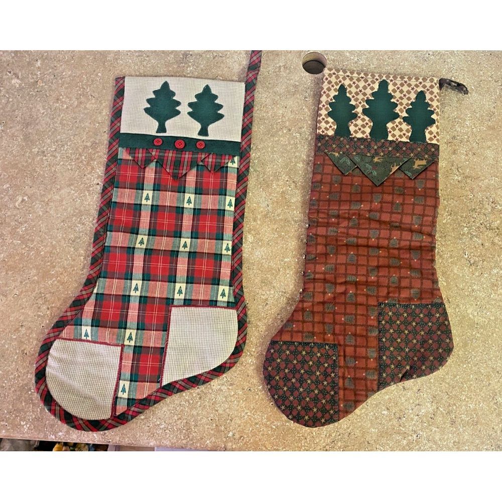 Handcrafted CHRISTMAS STOCKING  Plaid With Bells 18"  Country Rustic Cabin